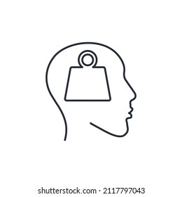 Zahnrad im Kopf. Schwerer Kopf. Keine Denkfähigkeit. Vektor-Linearsymbol einzeln auf weißem Hintergrund