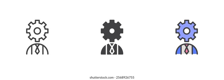 Gear head icon. Manager line and glyph version, outline and filled vector sign. linear and full pictogram. Productivity, brainstorming symbol, logo illustration. Different style icons set