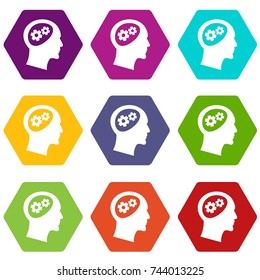 Gear in head icon set many color hexahedron isolated on white vector illustration