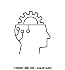 Gear in head, icon vector, AI concept, head of cyborg, solid illustration, pictogram isolated on white. Editable Stroke. EPS 10