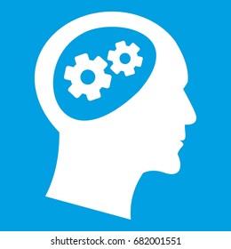 Gear in head icon white isolated on blue background vector illustration