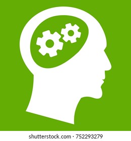 Gear in head icon white isolated on green background. Vector illustration