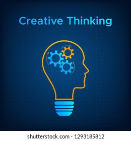 Gear head lamp creative idea concept vector illustration. Contour human profile silhouette with bright lightbulb and gear inside. Orange line lamp with head and technology background business concept.