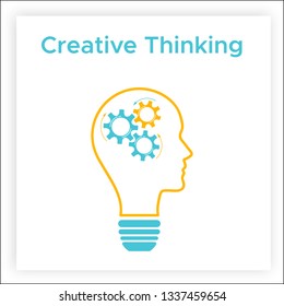 Gear head lamp creative idea concept vector illustration. Contour human profile silhouette with bright lightbulb and gear inside. Orange line lamp with head and cogwheel creative business concept.