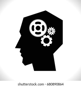 Gear in Head Pictograph Isolated on White Background. Mind or Brain Icon, Generation of Ideas Symbol