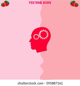 Gear in head vector  icon. Strawberry Background.