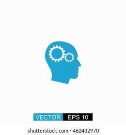 Gear in head vector. Isolated blue icon on white background.