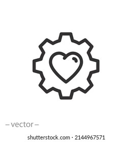 gear with heart icon, love mechanical technology, engineering passion, thin line symbol on white background - editable stroke vector illustration