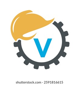 Gear Helmet Logo combine with letter V vector template