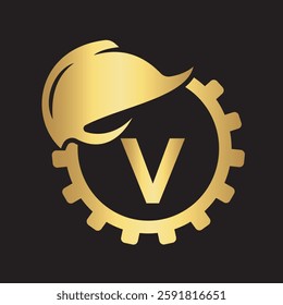 Gear Helmet Logo combine with letter V vector template