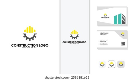 Gear helmet logo, construction logo, civil engineering logos, building company logo, and heavy industry logos including business card design