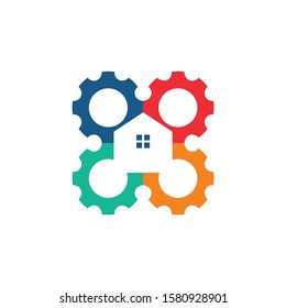 Gear Home Logo Design. Technology and Service or Renovation Vector Icon 