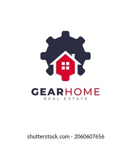 Gear Home Technology Logo Design Template. Cog Wheel Combined with House Icon Vector Illustration