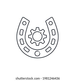 Gear in a horseshoe. Good luck technology. Technical excellence. Vector linear icon isolated on white background.