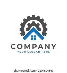 Zahnradlogo. Kombination von Ausrüstung und Haus Logo Design.
