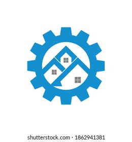 Design-Vorlage für das Gear House-Logo. Abstraktes Vektorgetriebe-Startsymbol. Stockillustration.