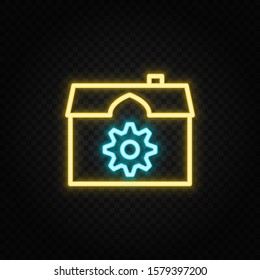 gear, house, settings, smart home neon icon. Blue and yellow neon vector icon.