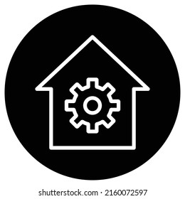 Gear, house simple icon vector. Flat design. White icon on black circle. White background.ai