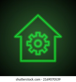 Engranaje, cámara simple vector de icono. Diseño plano. Neón verde sobre fondo negro con luz verde.ai