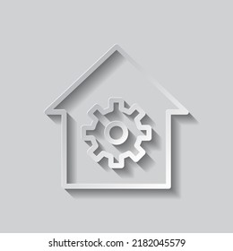 Gear, house simple icon vector. Flat design. Paper style with shadow. Gray background.ai