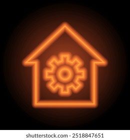 Gear, house simple icon vector. Flat design. Orange neon on black background.ai