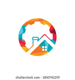 Diseño del logotipo vectorial de la casa de los engranajes. Tecnología de inicio de engranajes Plantilla de diseño de logotipos.