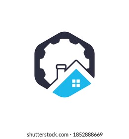 Diseño del logotipo vectorial de la casa de los engranajes. Tecnología de inicio de engranajes Plantilla de diseño de logotipos.