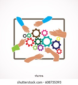 Gear, human hands during  discussion, meeting, Icon Isolated on White Background 
