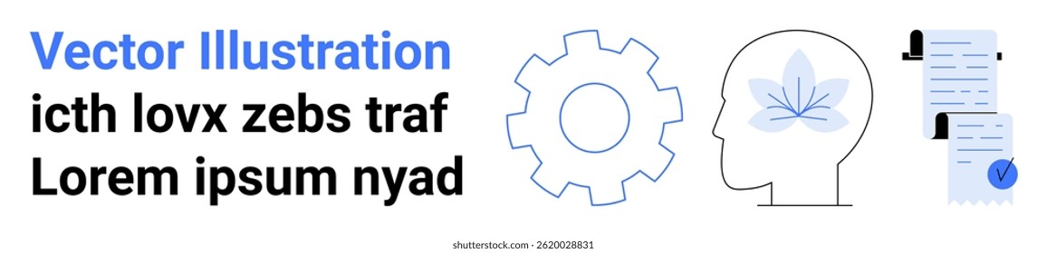 Gear, human head with leaf symbol, and document with checklist and checkmark. Ideal for technology, health, mental wellness, productivity, business, education, research. Landing page