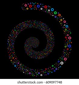 Gear hypnotic concentric spiral. Vector bright multicolored random symbols.