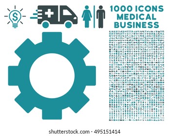 Gear icon with 1000 medical business soft blue vector pictograms. Design style is flat bicolor symbols, white background.