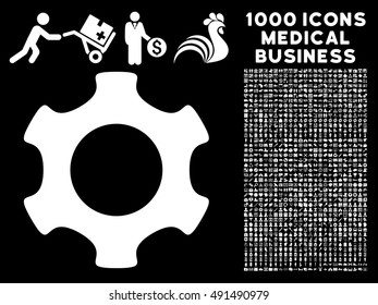 Gear icon with 1000 medical commercial white vector pictographs. Design style is flat symbols, black background.