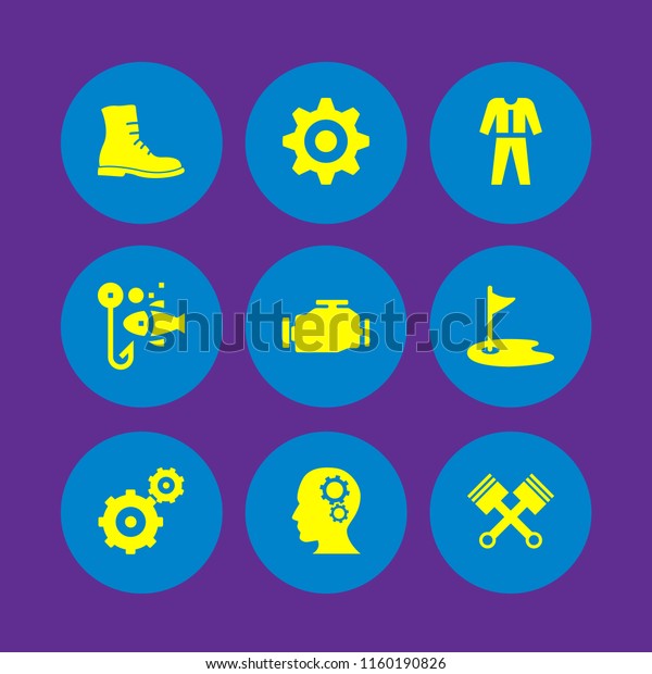 gear icon. 9 gear set with\
fishing, cog, military boot and engine vector icons for web and\
mobile app