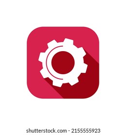 Gear icon app vector flat as settings symbol or customize cog wheel maintenance application shape silhouette symbol, square cogwheel illustration red and white color cutout isolated red graphic 