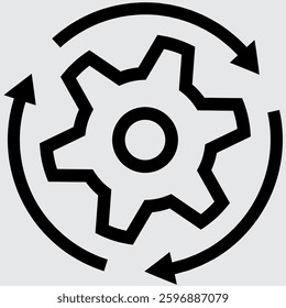 The gear icon with arrows around it, as a symbol of the workflow.