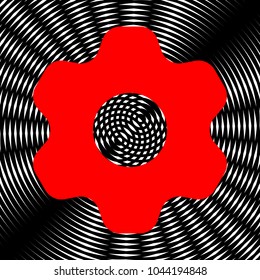 Gear icon. Asterix. Vector. Red icon on white and black radial interference as background.