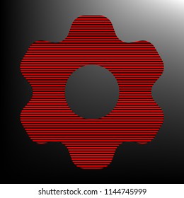 Gear icon. Asterix. Vector. Striped red and black icon at gradient blackish background. Zebra.