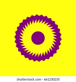 Gear icon. Asterix. Vector. Violet label with hole as icon on yellow background.