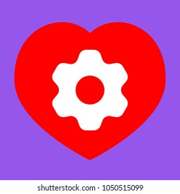 Gear icon. Asterix. Vector. White icon in red heart at lavender background.