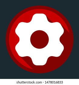Gear icon. Asterix. White icon with shadow on round red button at dark cyan background. Illustration.
