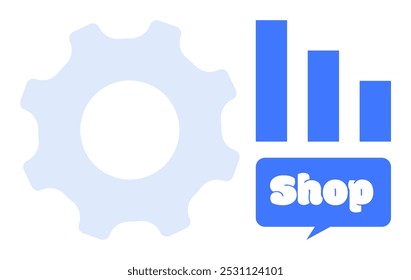Un icono de engranaje, un gráfico de barras y una burbuja de discurso con la palabra shop son visibles. Ideal para negocios, comercio electrónico, tecnología, análisis y temas de venta minorista. Estilo limpio simple