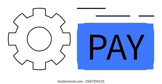 Gear icon beside a blue PAY button illustrating automated payment systems and efficient workflows. Ideal for finance, e-commerce, technical support, automation software, digital wallets, online