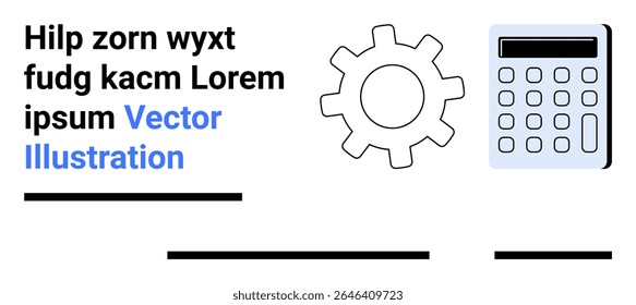 Gear icon beside calculator and sample text with lines. Ideal for educational materials, financial planning, technical guides, presentations, infographics, websites, apps. Landing page