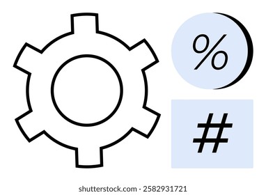 Gear icon beside percentage and metadata tag symbols. Ideal for engineering, mathematics, social media, data analysis, automation, productivity, and technology. Line metaphor