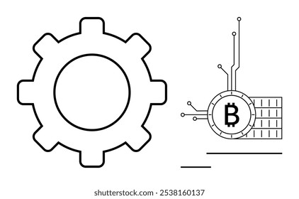 Ícone de engrenagem e símbolo Bitcoin com linhas de circuito. Ideal para discussões blockchain, finanças, criptomoeda, tecnologia digital e inovação. Estilo de arte de linha simples. Este visual está claro