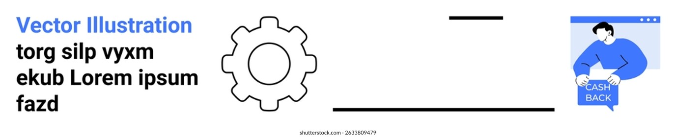 Gear icon, black minimalist lines, and person reading a book in blue. Ideal for technology, education, tutorials, guides, websites, app interfaces, digital products, landing page