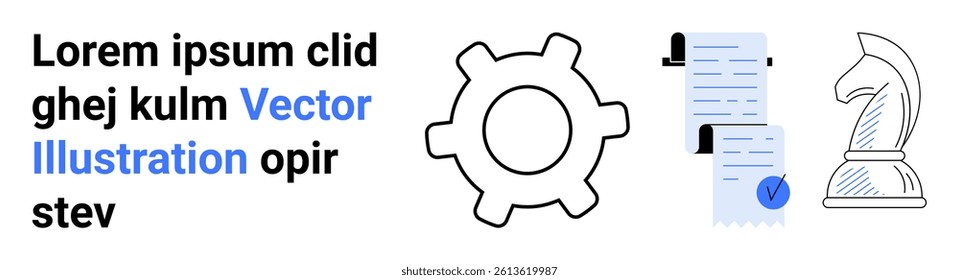 Gear icon, blue documents with checklist, chess knight and text. Ideal for business strategy, planning, productivity, project management, corporate training, marketing, and presentations. Landing