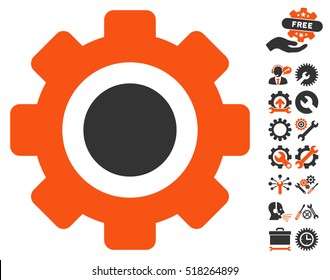 Gear icon with bonus configuration pictograph collection. Vector illustration style is flat iconic orange and gray symbols on white background.