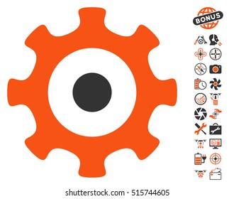 Gear icon with bonus copter service graphic icons. Vector illustration style is flat iconic symbols on white background.