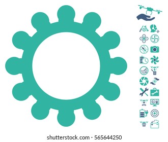 Gear icon with bonus copter tools pictograph collection. Vector illustration style is flat iconic cobalt and cyan symbols on white background.